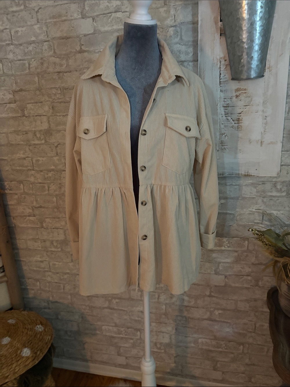 Beige Corduroy Button-Front Jacket